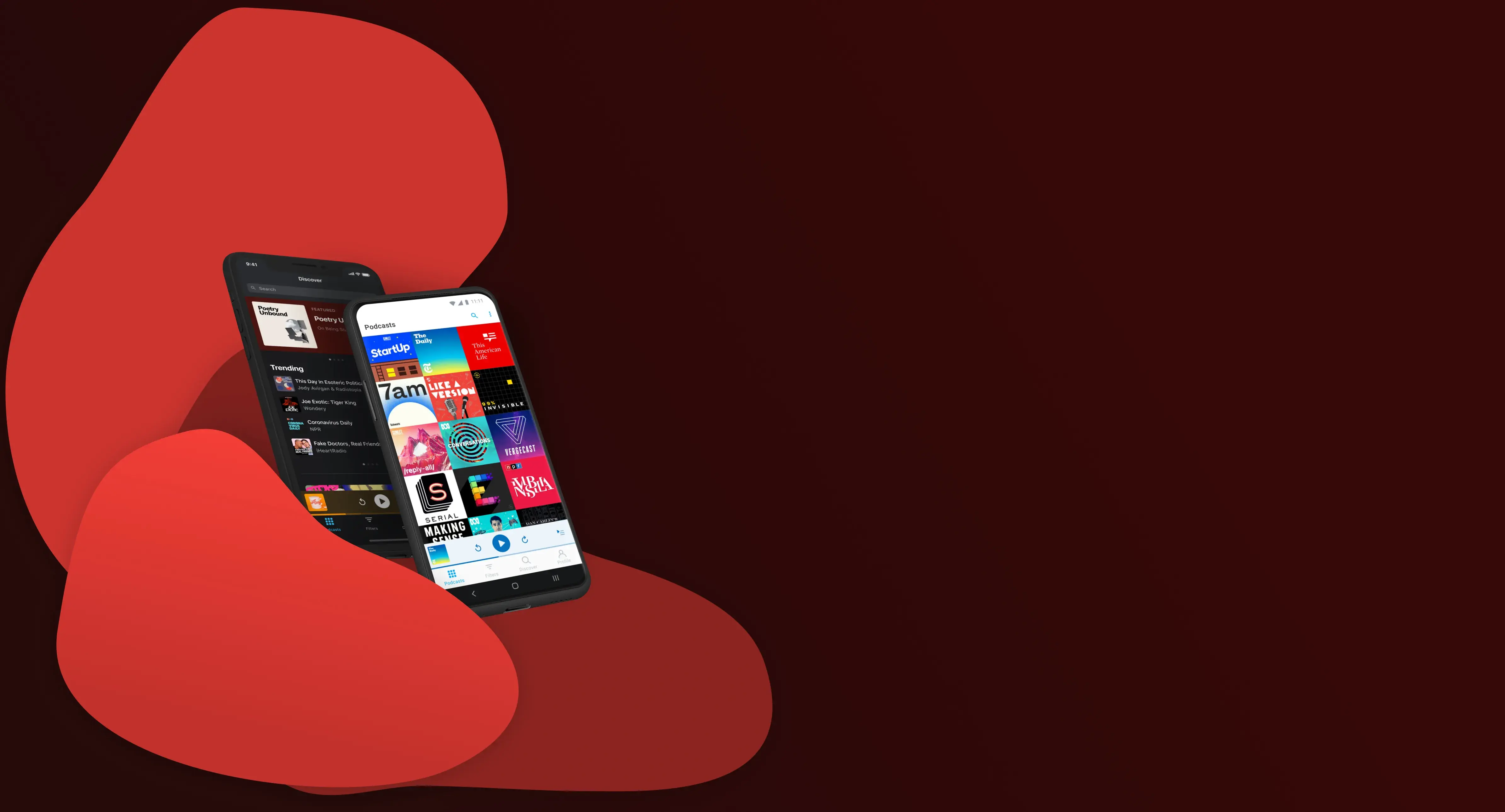 Background image of a phone with the Pocket Casts app open, showing a podcast episode playing.