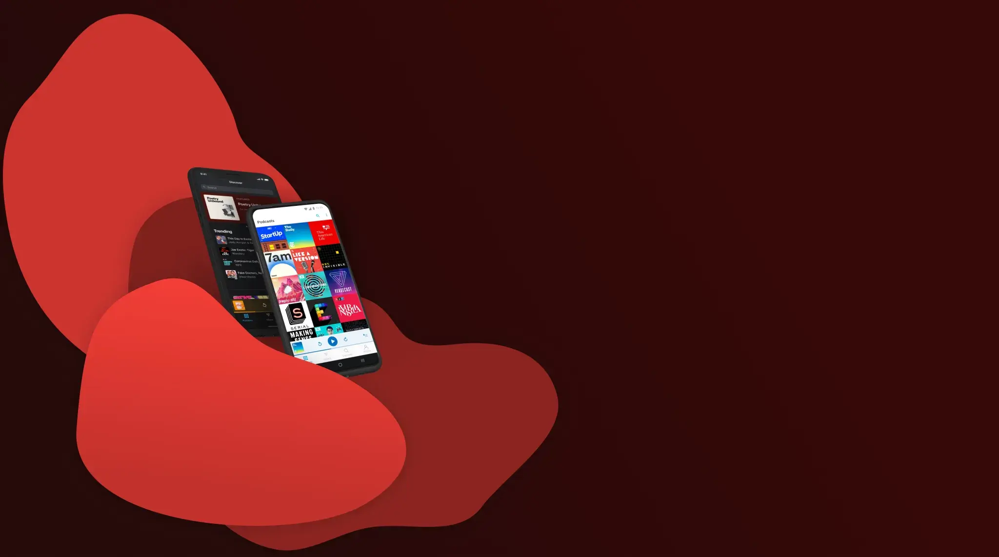 Background image of a phone with the Pocket Casts app open, showing a podcast episode playing.
