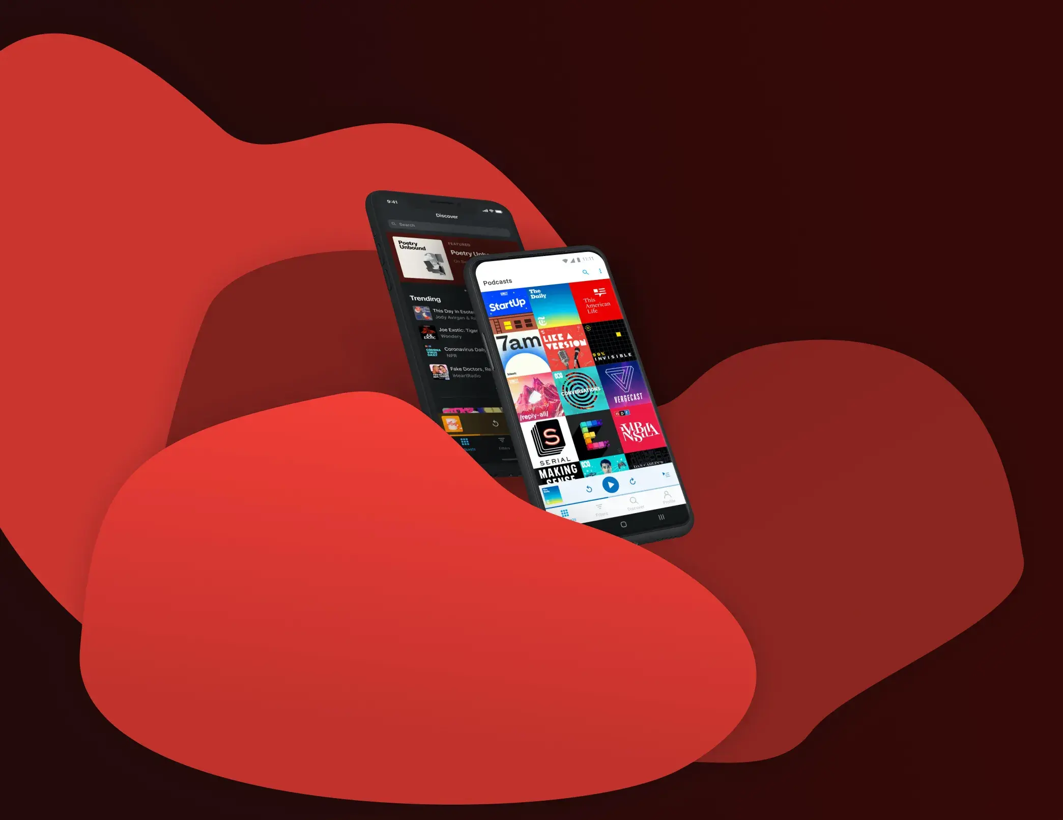 Background image of a phone with the Pocket Casts app open, showing a podcast episode playing.